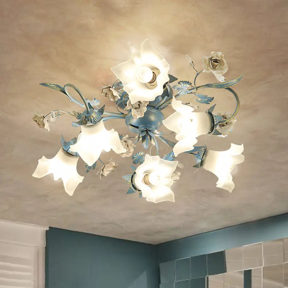 DecorBites™ DecorBites™ Pastoral Style Blue Flower Cream Glass Flush Mount Light for Bedroom Ceiling