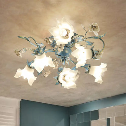 DecorBites™ DecorBites™ Pastoral Style Blue Flower Cream Glass Flush Mount Light for Bedroom Ceiling