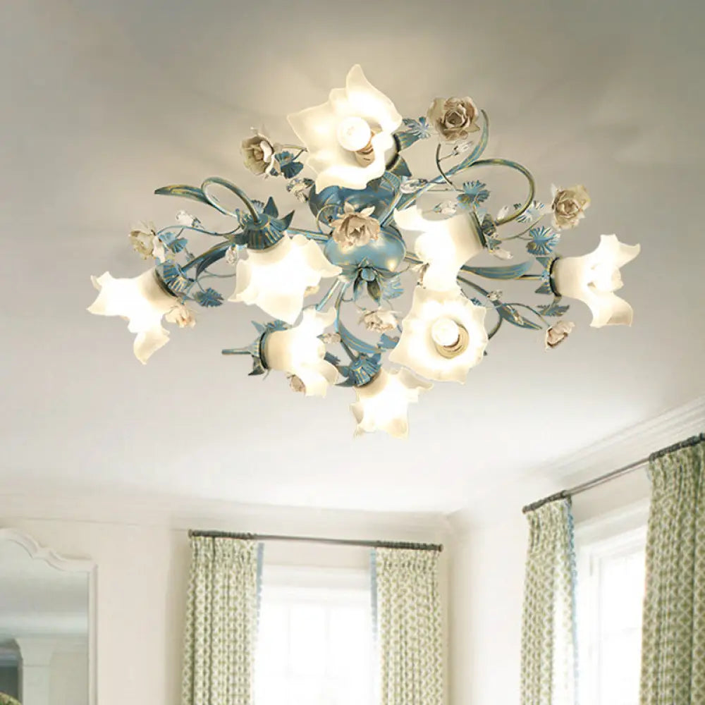 DecorBites™ DecorBites™ Pastoral Style Blue Flower Cream Glass Flush Mount Light for Bedroom Ceiling