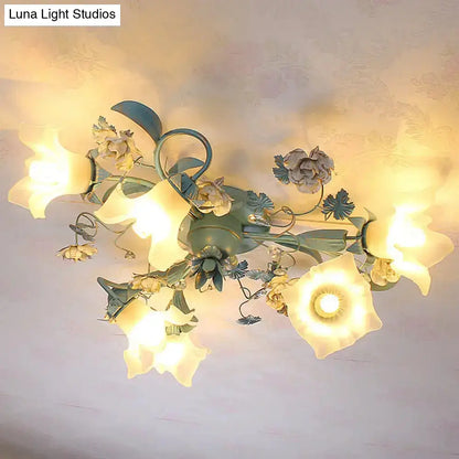 DecorBites™ DecorBites™ Pastoral Style Blue Semi Flush Ceiling Light with Frost White Glass - Perfect for Bedroom Lighting