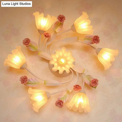 DecorBites™ DecorBites™ Pastoral Style Floral Semi Flush Mount Ceiling Light with Frosted Glass Shade in White