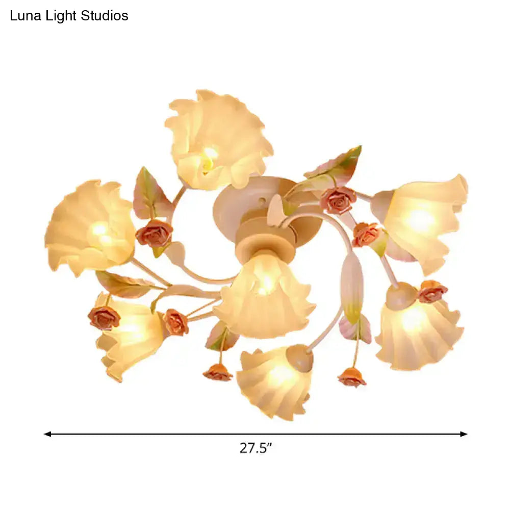 DecorBites™ DecorBites™ Pastoral Style Floral Semi Flush Mount Ceiling Light with Frosted Glass Shade in White
