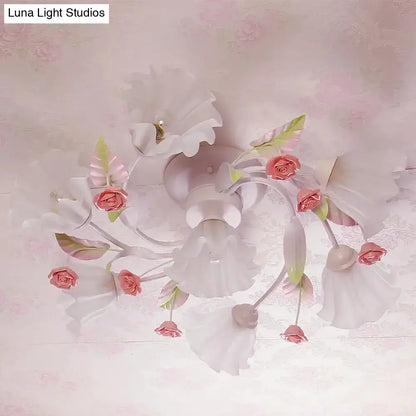 DecorBites™ DecorBites™ Pastoral Style Floral Semi Flush Mount Ceiling Light with Frosted Glass Shade in White