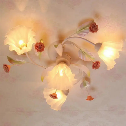 DecorBites™ DecorBites™ Pastoral Style Floral Semi Flush Mount Ceiling Light with Frosted Glass Shade in White