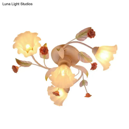 DecorBites™ DecorBites™ Pastoral Style Floral Semi Flush Mount Ceiling Light with Frosted Glass Shade in White