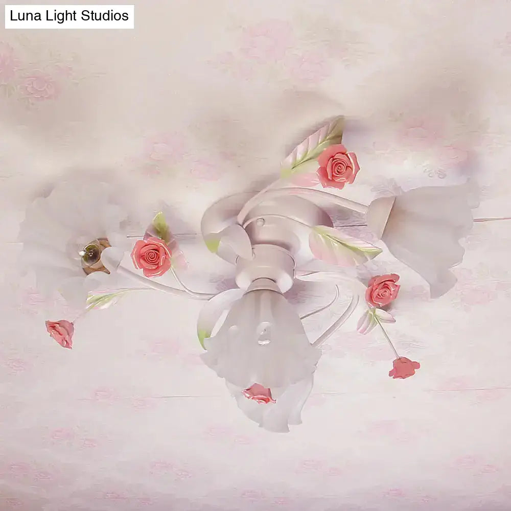 DecorBites™ DecorBites™ Pastoral Style Floral Semi Flush Mount Ceiling Light with Frosted Glass Shade in White