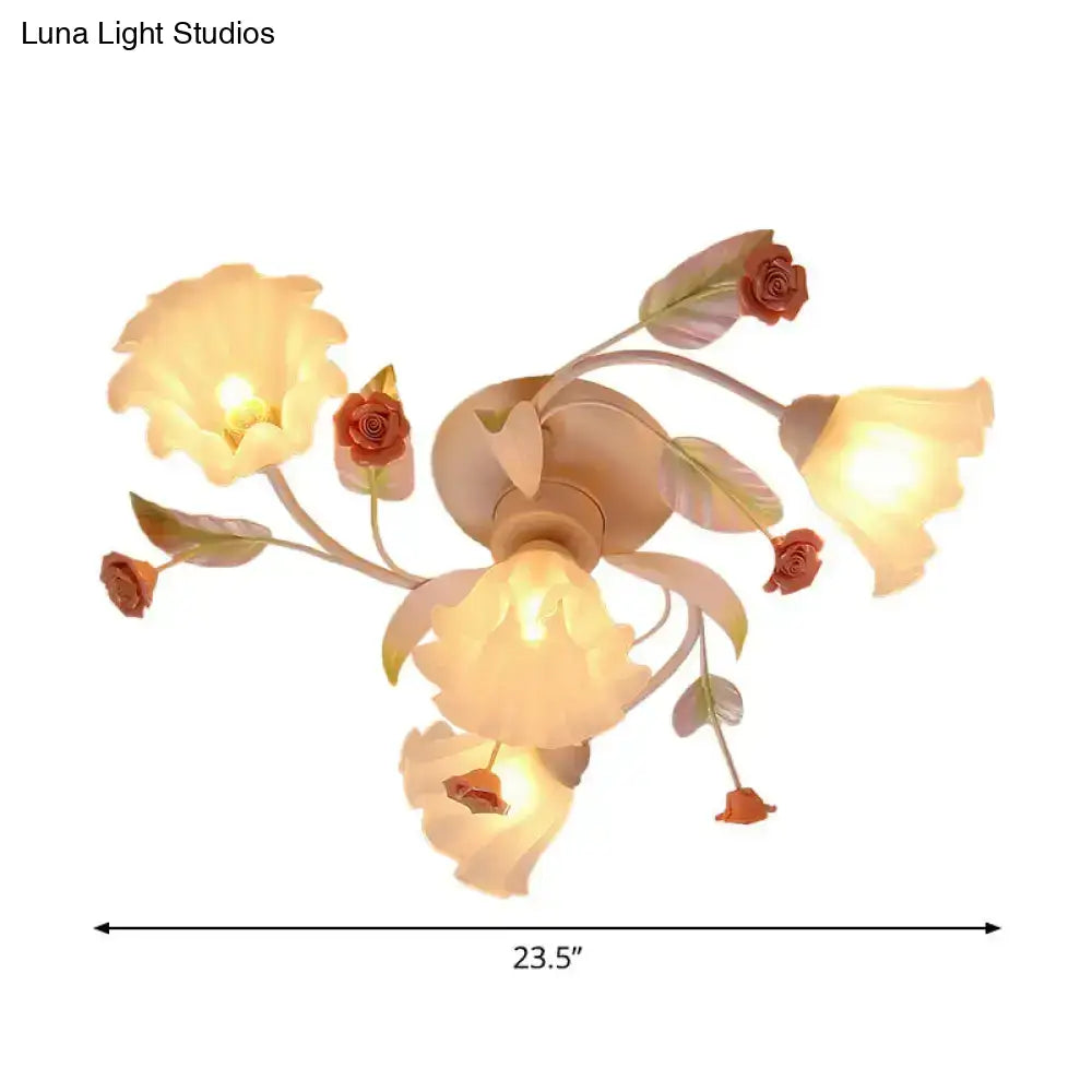 DecorBites™ DecorBites™ Pastoral Style Floral Semi Flush Mount Ceiling Light with Frosted Glass Shade in White