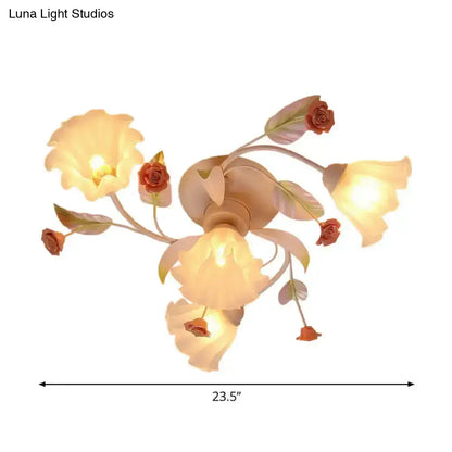 DecorBites™ DecorBites™ Pastoral Style Floral Semi Flush Mount Ceiling Light with Frosted Glass Shade in White