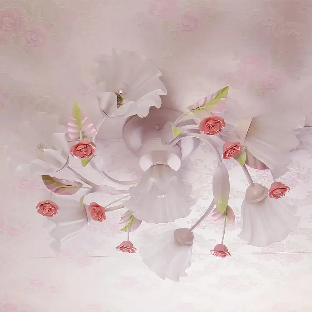 DecorBites™ DecorBites™ Pastoral Style Floral Semi Flush Mount Ceiling Light with Frosted Glass Shade in White