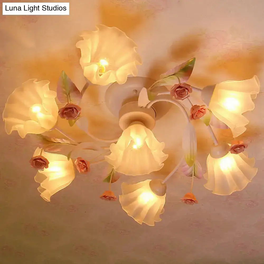 DecorBites™ DecorBites™ Pastoral Style Floral Semi Flush Mount Ceiling Light with Frosted Glass Shade in White