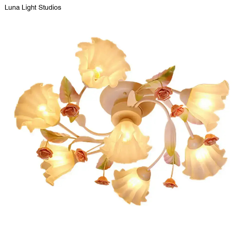 DecorBites™ DecorBites™ Pastoral Style Floral Semi Flush Mount Ceiling Light with Frosted Glass Shade in White
