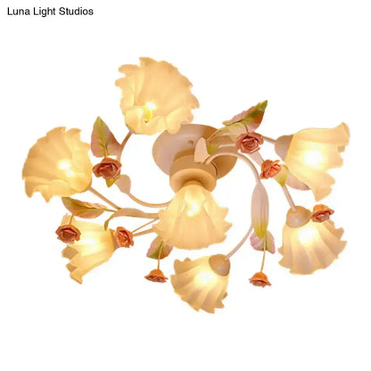 DecorBites™ DecorBites™ Pastoral Style Floral Semi Flush Mount Ceiling Light with Frosted Glass Shade in White