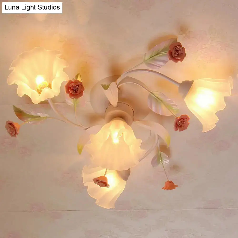 DecorBites™ DecorBites™ Pastoral Style Floral Semi Flush Mount Ceiling Light with Frosted Glass Shade in White