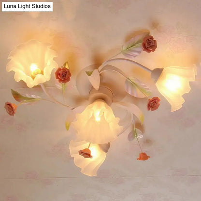 DecorBites™ DecorBites™ Pastoral Style Floral Semi Flush Mount Ceiling Light with Frosted Glass Shade in White