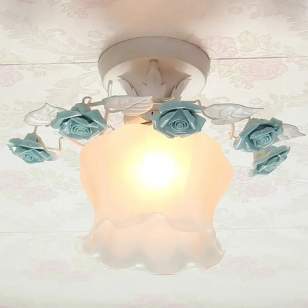 Pastoral Style Ruffle Glass Semi Flush Light in Pink/White/Blue - Perfect for Dining Room Ceiling