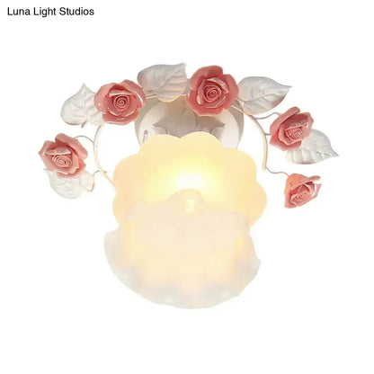 Pastoral Style Ruffle Glass Semi Flush Light in Pink/White/Blue - Perfect for Dining Room Ceiling