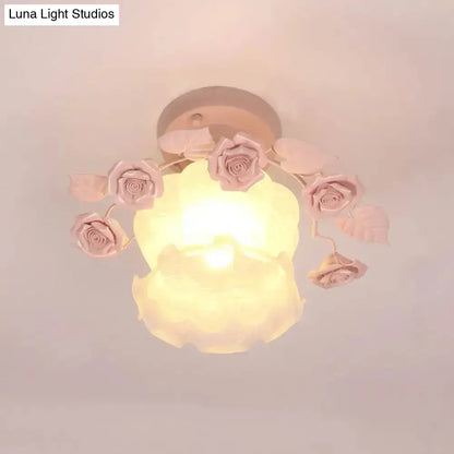 Pastoral Style Ruffle Glass Semi Flush Light in Pink/White/Blue - Perfect for Dining Room Ceiling