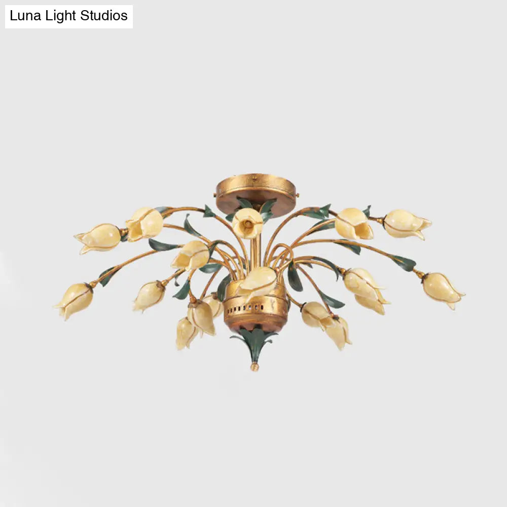 DecorBites™ DecorBites™ Pastoral Style Tulip Ceiling Lamp with 18 Brass LED Bulbs for Living Room Semi Flush Mount Lighting