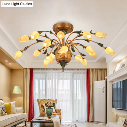 DecorBites™ DecorBites™ Pastoral Style Tulip Ceiling Lamp with 18 Brass LED Bulbs for Living Room Semi Flush Mount Lighting