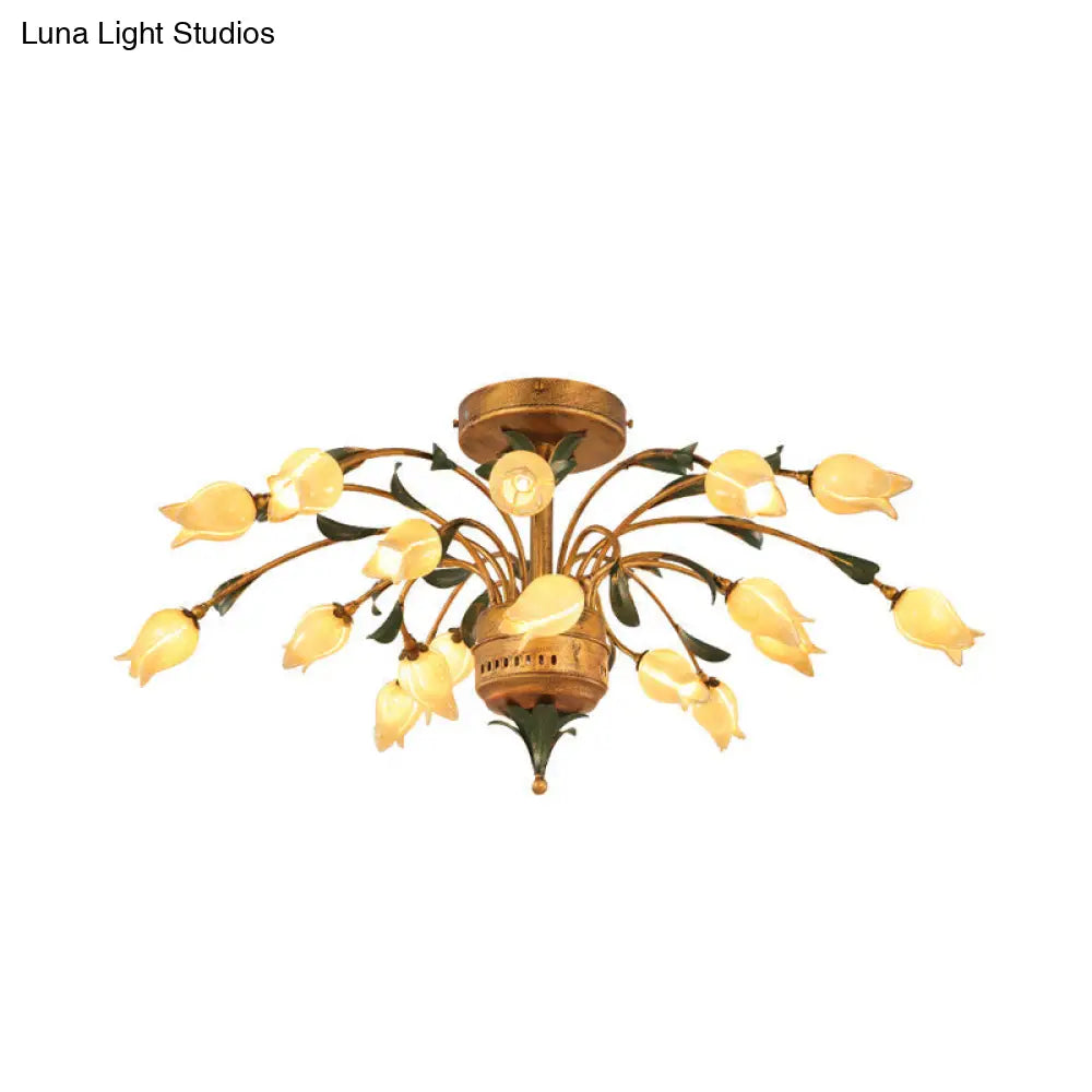 DecorBites™ DecorBites™ Pastoral Style Tulip Ceiling Lamp with 18 Brass LED Bulbs for Living Room Semi Flush Mount Lighting
