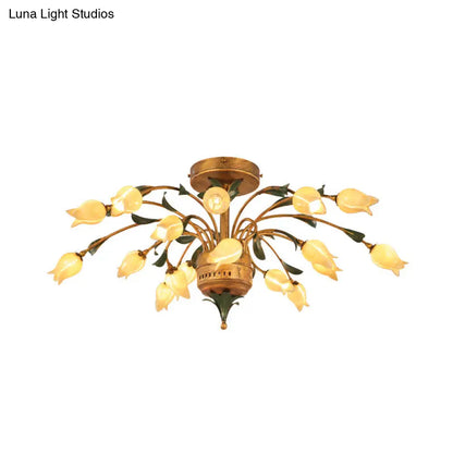 DecorBites™ DecorBites™ Pastoral Style Tulip Ceiling Lamp with 18 Brass LED Bulbs for Living Room Semi Flush Mount Lighting
