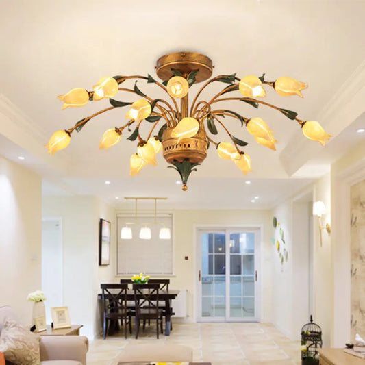 DecorBites™ DecorBites™ Pastoral Style Tulip Ceiling Lamp with 18 Brass LED Bulbs for Living Room Semi Flush Mount Lighting