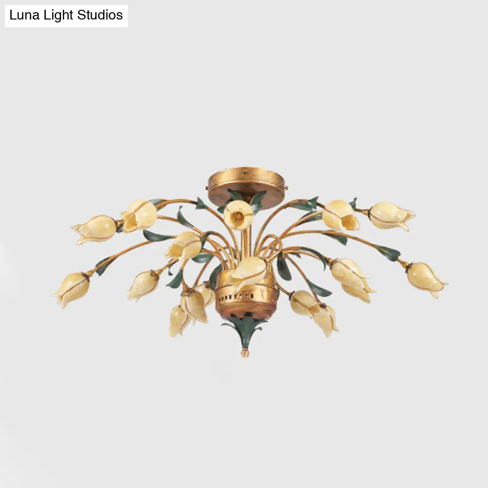 DecorBites™ DecorBites™ Pastoral Style Tulip Ceiling Lamp with 18 Brass LED Bulbs for Living Room Semi Flush Mount Lighting