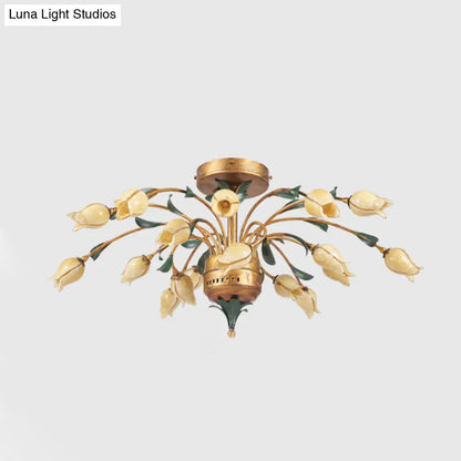 DecorBites™ DecorBites™ Pastoral Style Tulip Ceiling Lamp with 18 Brass LED Bulbs for Living Room Semi Flush Mount Lighting