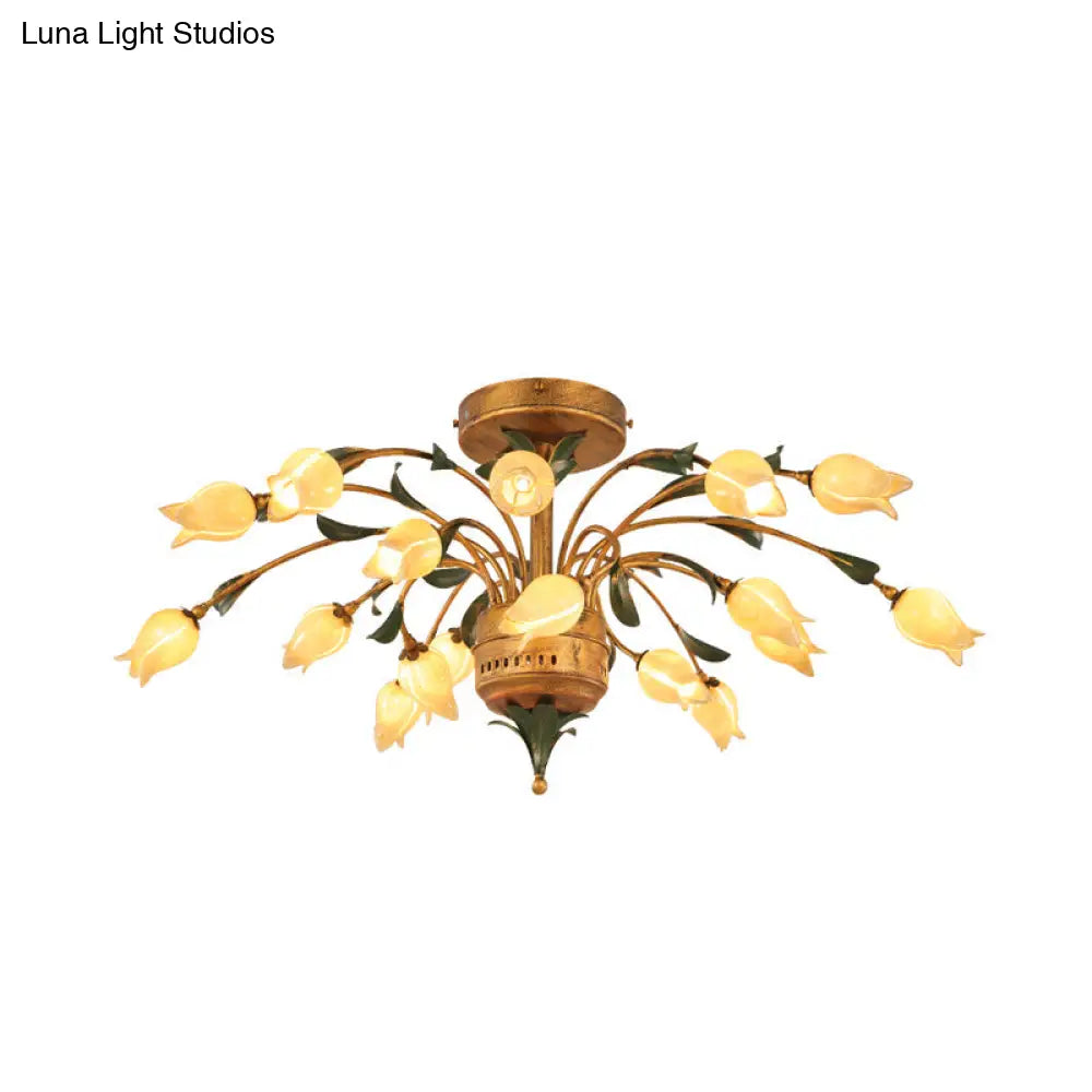 DecorBites™ DecorBites™ Pastoral Style Tulip Ceiling Lamp with 18 Brass LED Bulbs for Living Room Semi Flush Mount Lighting
