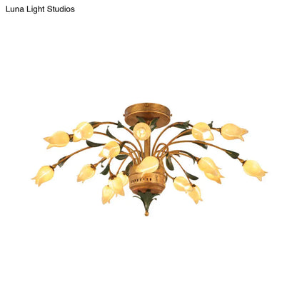 DecorBites™ DecorBites™ Pastoral Style Tulip Ceiling Lamp with 18 Brass LED Bulbs for Living Room Semi Flush Mount Lighting