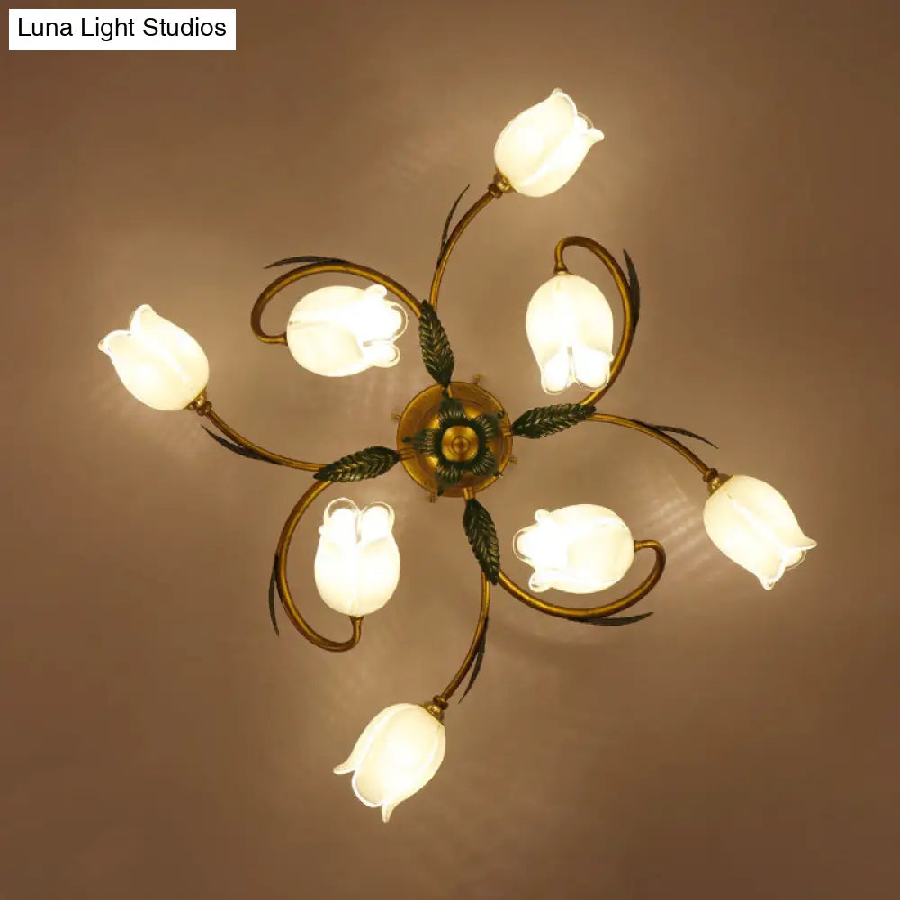 DecorBites™ DecorBites™ Pastoral Style White Glass Blossom Ceiling Light - Semi Flush Mount Lamp in Brass for Bedroom