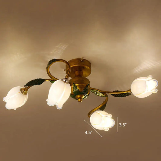 DecorBites™ DecorBites™ Pastoral Style White Glass Blossom Ceiling Light - Semi Flush Mount Lamp in Brass for Bedroom