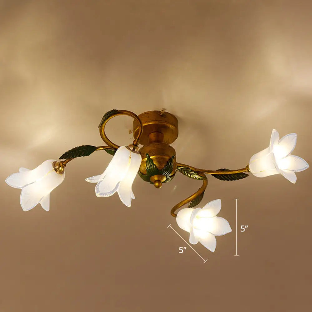 DecorBites™ DecorBites™ Pastoral Style White Glass Blossom Ceiling Light - Semi Flush Mount Lamp in Brass for Bedroom