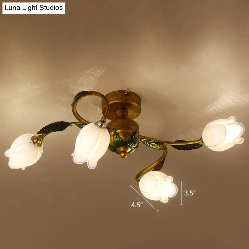 DecorBites™ DecorBites™ Pastoral Style White Glass Blossom Ceiling Light - Semi Flush Mount Lamp in Brass for Bedroom