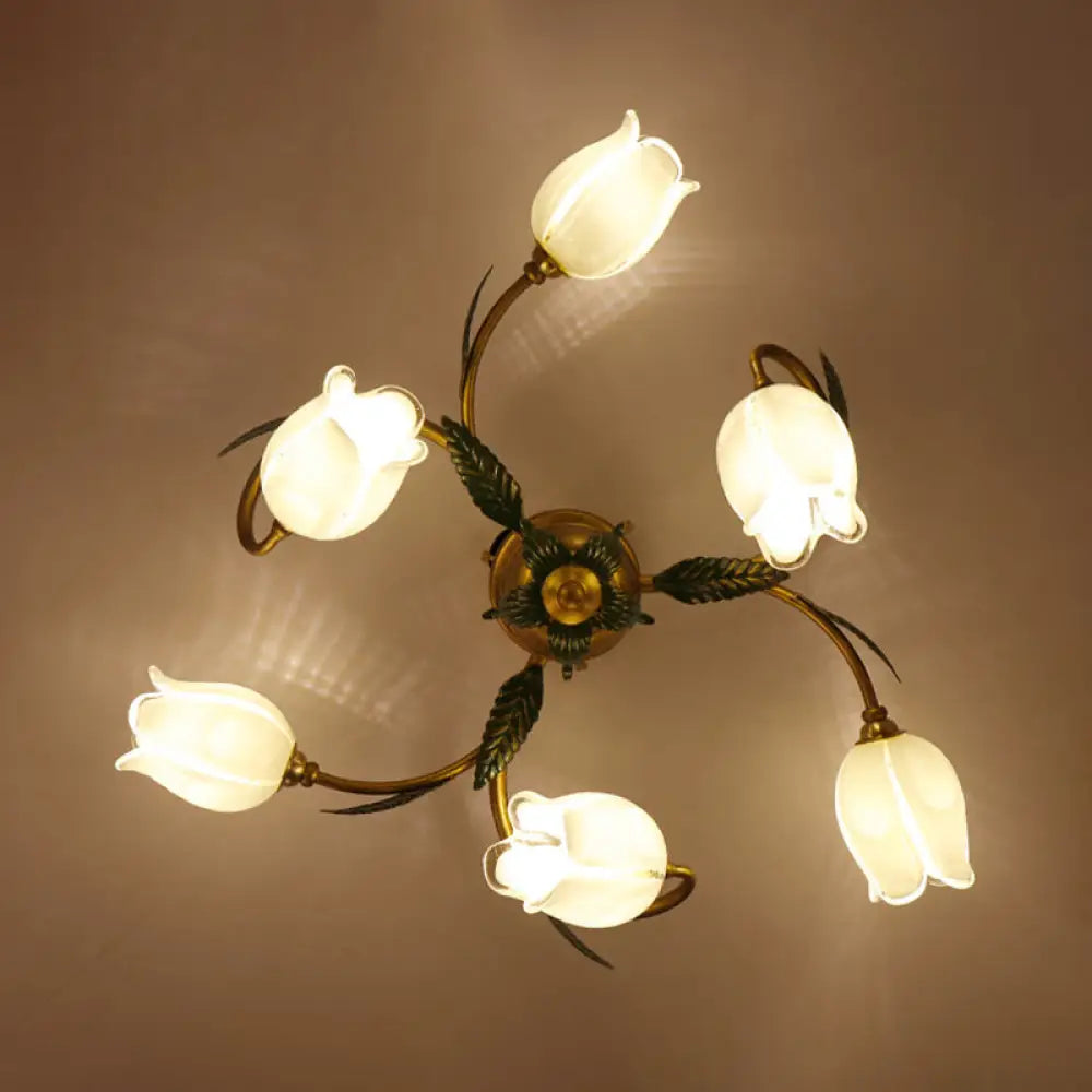 DecorBites™ DecorBites™ Pastoral Style White Glass Blossom Ceiling Light - Semi Flush Mount Lamp in Brass for Bedroom