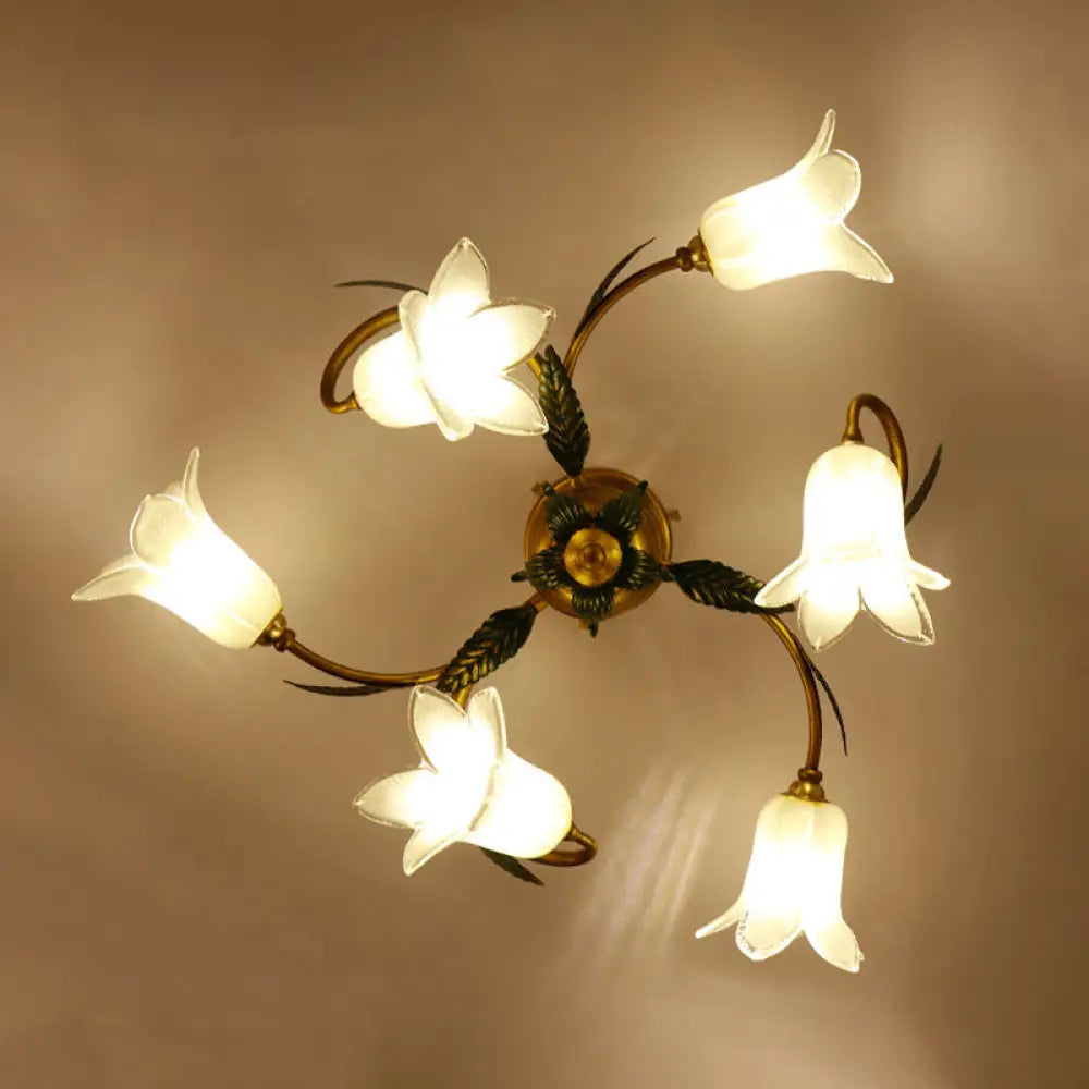 DecorBites™ DecorBites™ Pastoral Style White Glass Blossom Ceiling Light - Semi Flush Mount Lamp in Brass for Bedroom