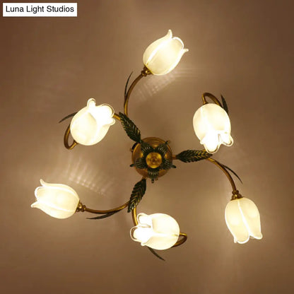 DecorBites™ DecorBites™ Pastoral Style White Glass Blossom Ceiling Light - Semi Flush Mount Lamp in Brass for Bedroom