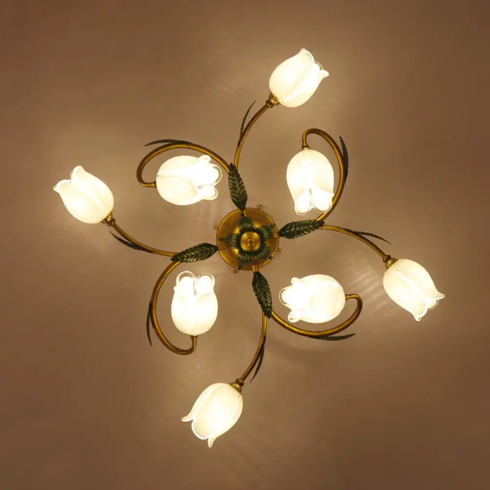 DecorBites™ DecorBites™ Pastoral Style White Glass Blossom Ceiling Light - Semi Flush Mount Lamp in Brass for Bedroom