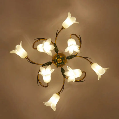 DecorBites™ DecorBites™ Pastoral Style White Glass Blossom Ceiling Light - Semi Flush Mount Lamp in Brass for Bedroom