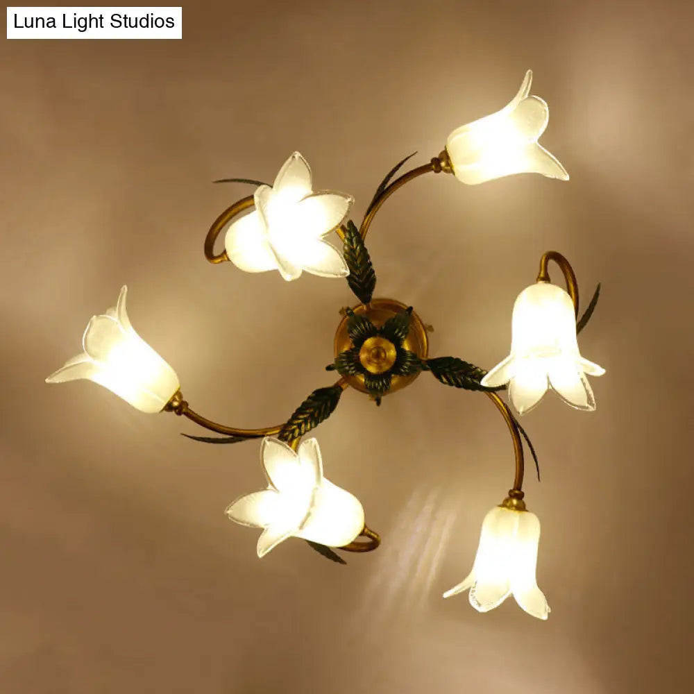 DecorBites™ DecorBites™ Pastoral Style White Glass Blossom Ceiling Light - Semi Flush Mount Lamp in Brass for Bedroom