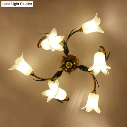 DecorBites™ DecorBites™ Pastoral Style White Glass Blossom Ceiling Light - Semi Flush Mount Lamp in Brass for Bedroom