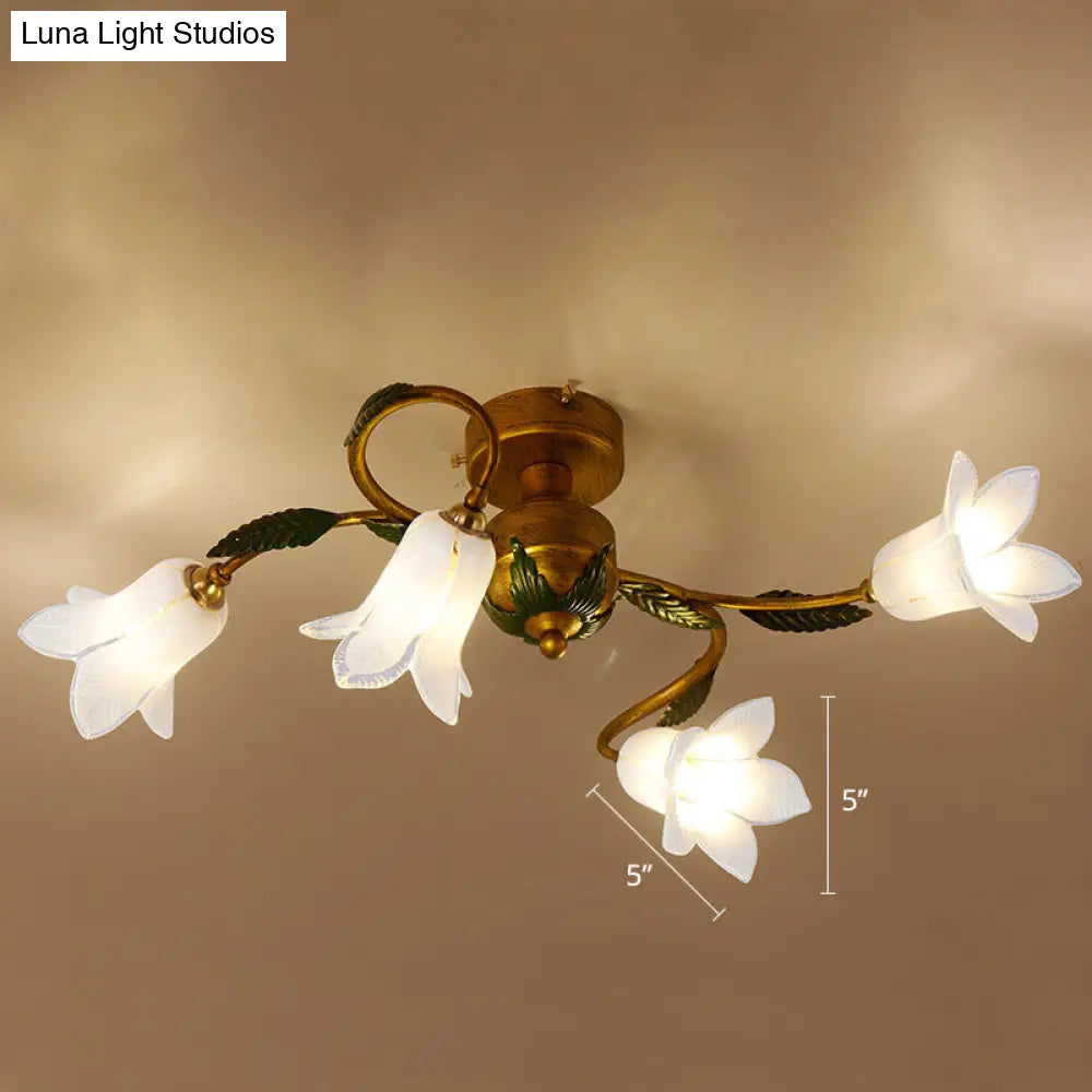 DecorBites™ DecorBites™ Pastoral Style White Glass Blossom Ceiling Light - Semi Flush Mount Lamp in Brass for Bedroom