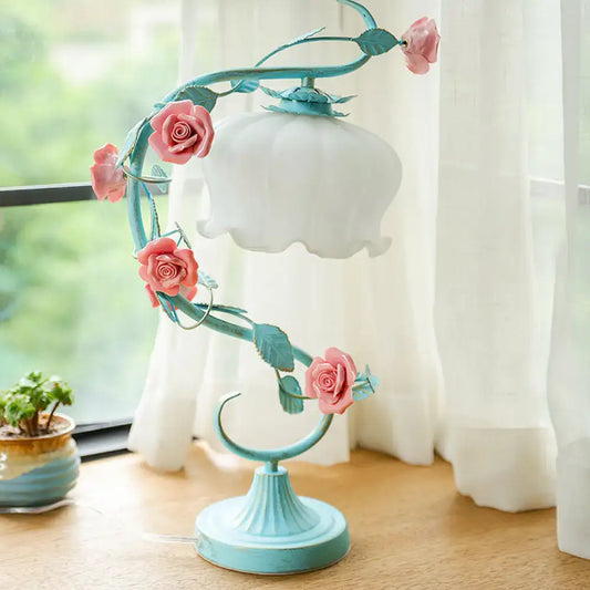 Pastoral turquoise metal table lamp with white scalloped glass shade and pink rose accents includes usb charger for bedroom use