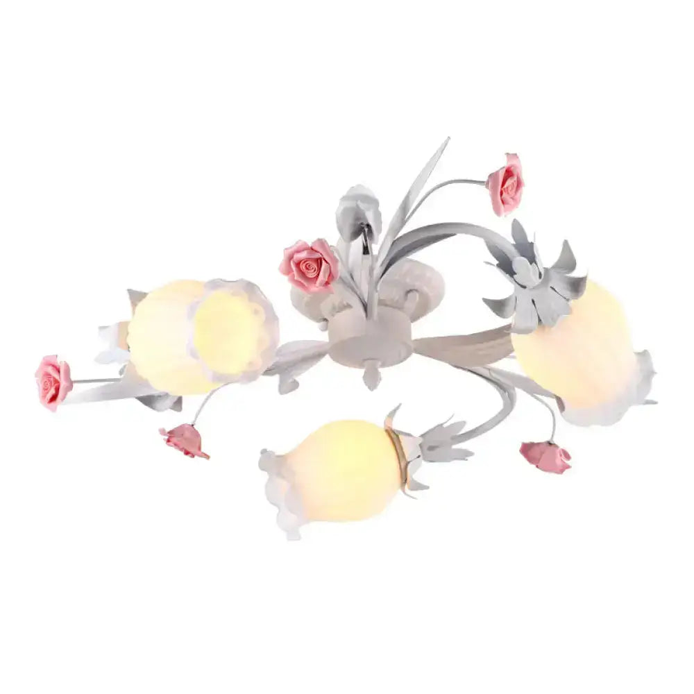 DecorBites™ DecorBites™ Pastoral White Frosted Glass Flower Semi Flush Mount Ceiling Light with 3 Heads