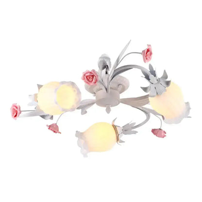 DecorBites™ DecorBites™ Pastoral White Frosted Glass Flower Semi Flush Mount Ceiling Light with 3 Heads
