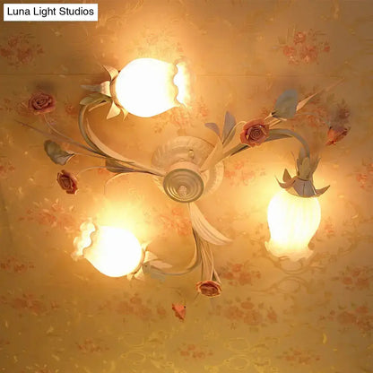 DecorBites™ DecorBites™ Pastoral White Frosted Glass Flower Semi Flush Mount Ceiling Light with 3 Heads