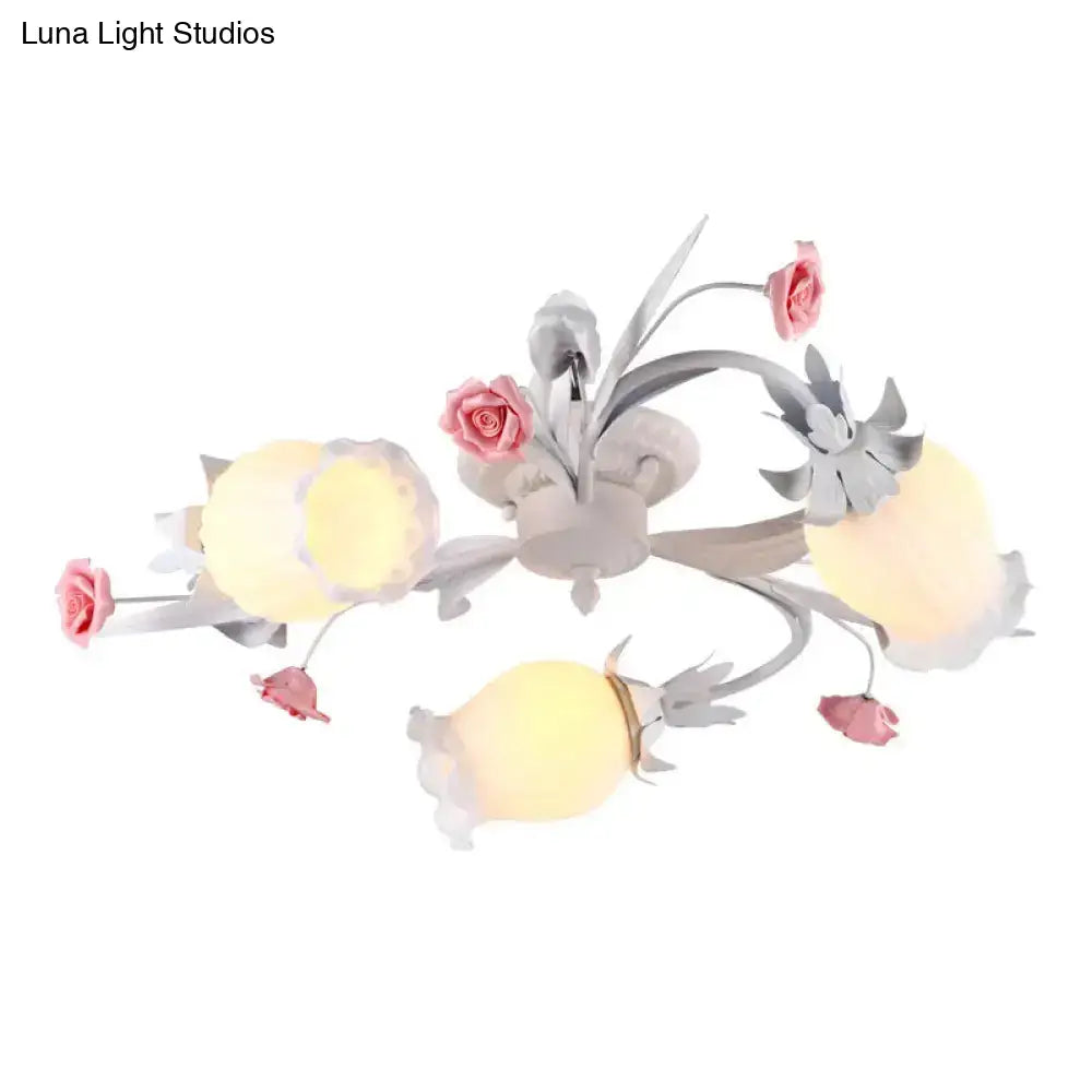 DecorBites™ DecorBites™ Pastoral White Frosted Glass Flower Semi Flush Mount Ceiling Light with 3 Heads