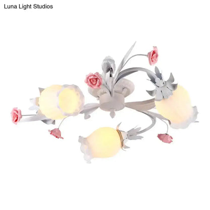 DecorBites™ DecorBites™ Pastoral White Frosted Glass Flower Semi Flush Mount Ceiling Light with 3 Heads