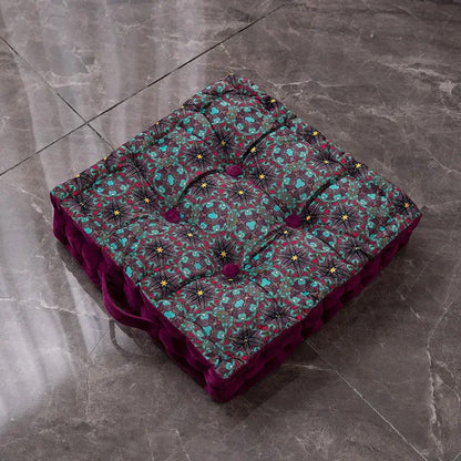 Square floor cushion with teal and burgundy floral bohemian mandala velvet tufted with dark red buttons decorbites decor