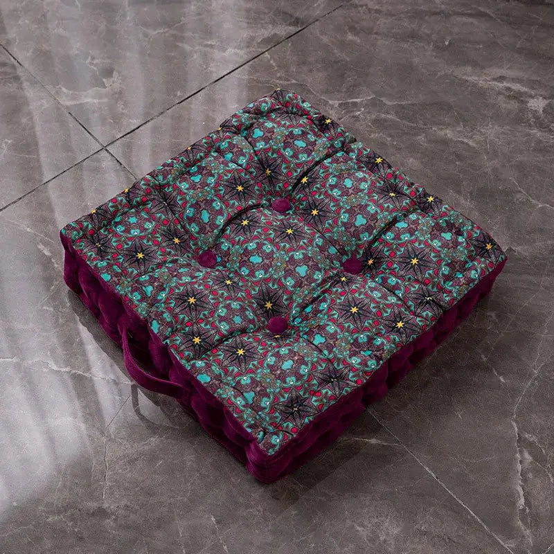 Square floor cushion with teal and burgundy floral bohemian mandala velvet tufted with dark red buttons decorbites decor